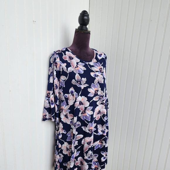 Espresso Womens Dress Floral Pink Blue Bell Sleeve Shift Boho Casual Stretch M - Picture 2 of 14